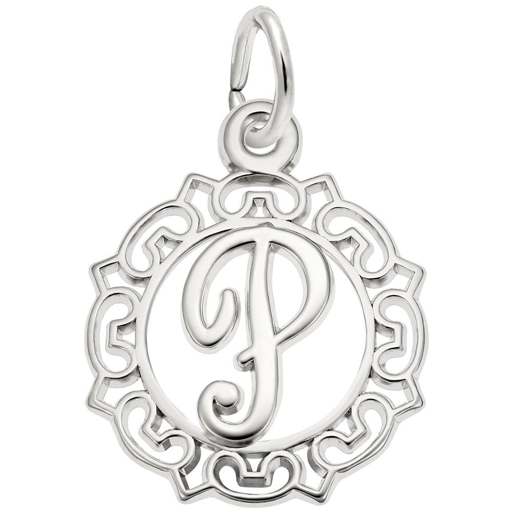 Silver P in an ornate boarder charm on a white background 