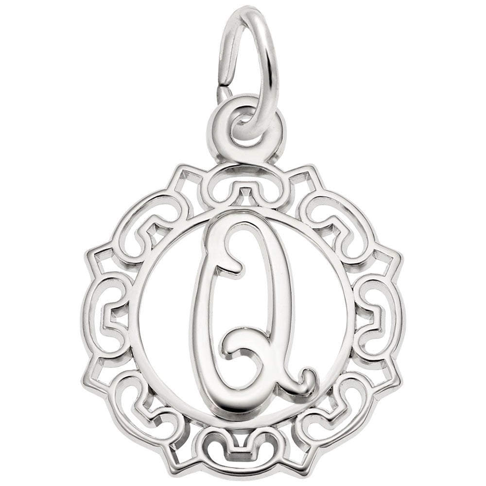 Silver Q in an ornate boarder charm on a white background 