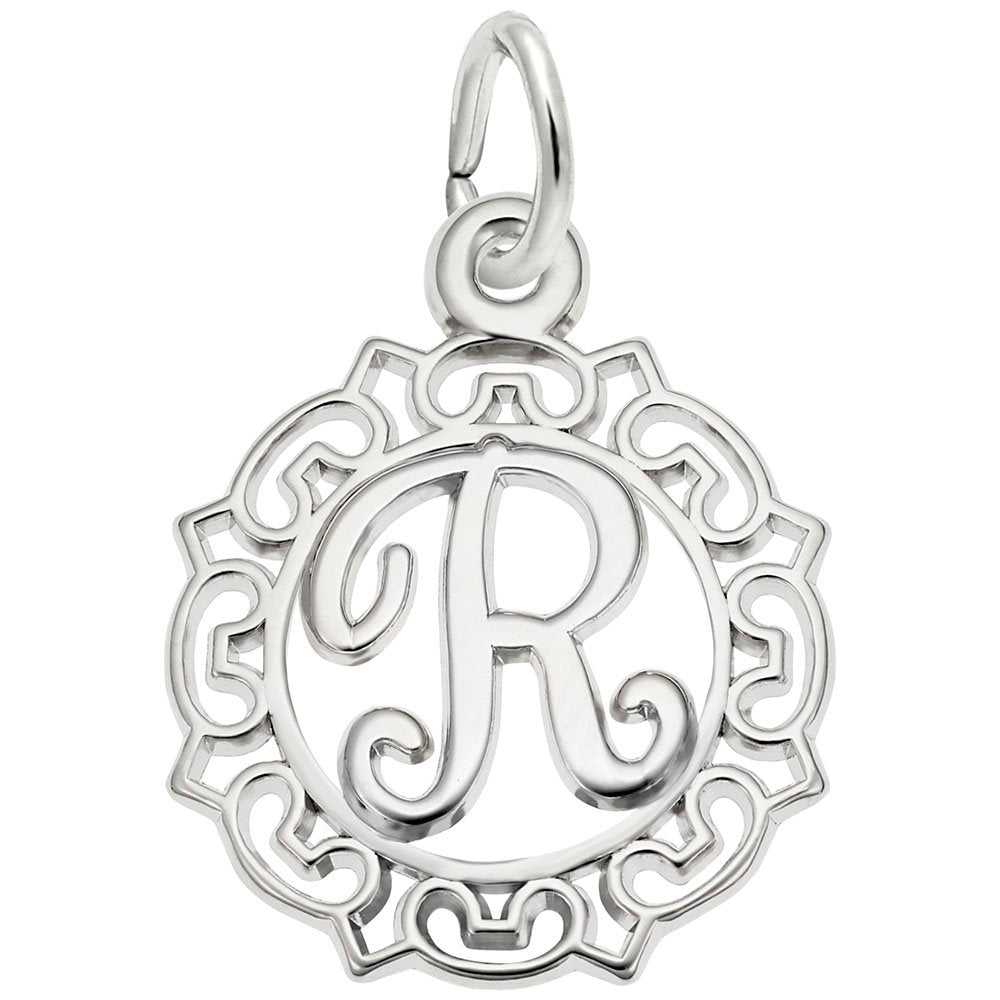 Silver R in an ornate boarder charm on a white background 