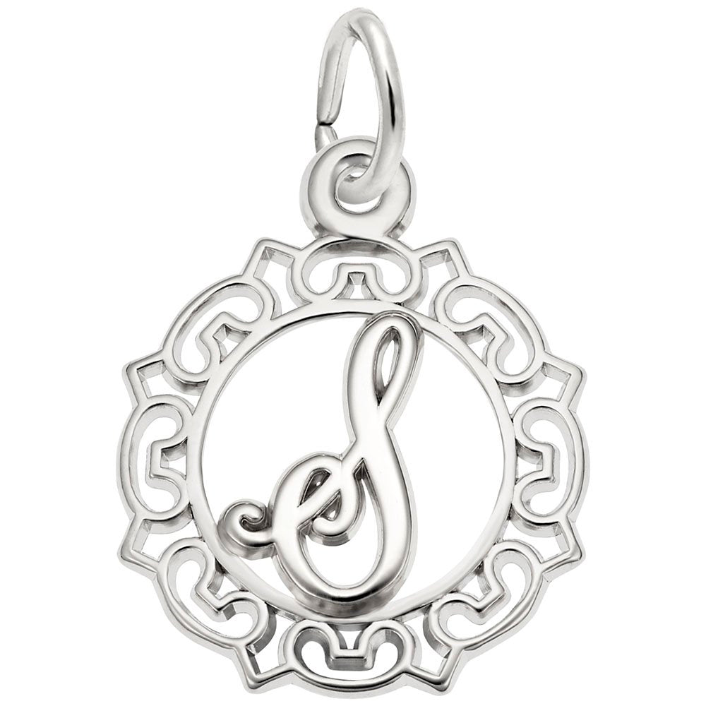 Silver S in an ornate boarder charm on a white background 