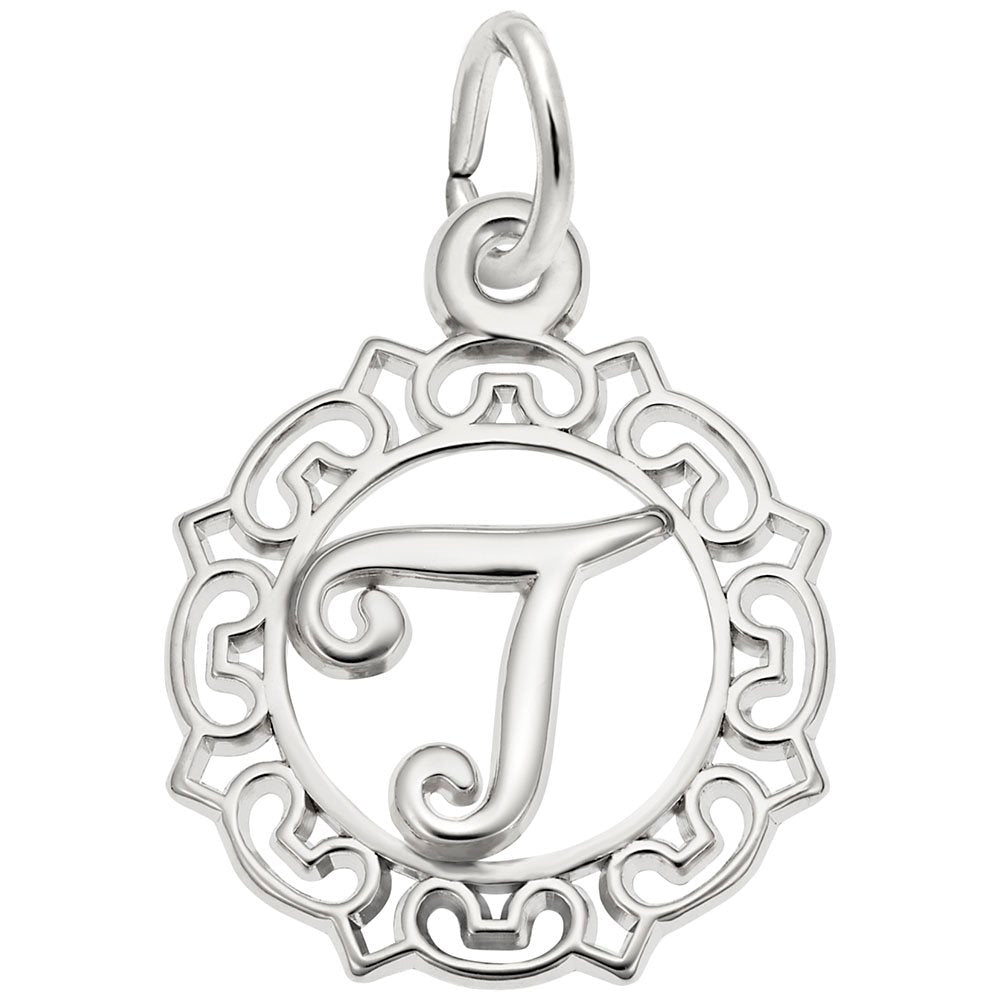 Silver T in an ornate boarder charm on a white background 