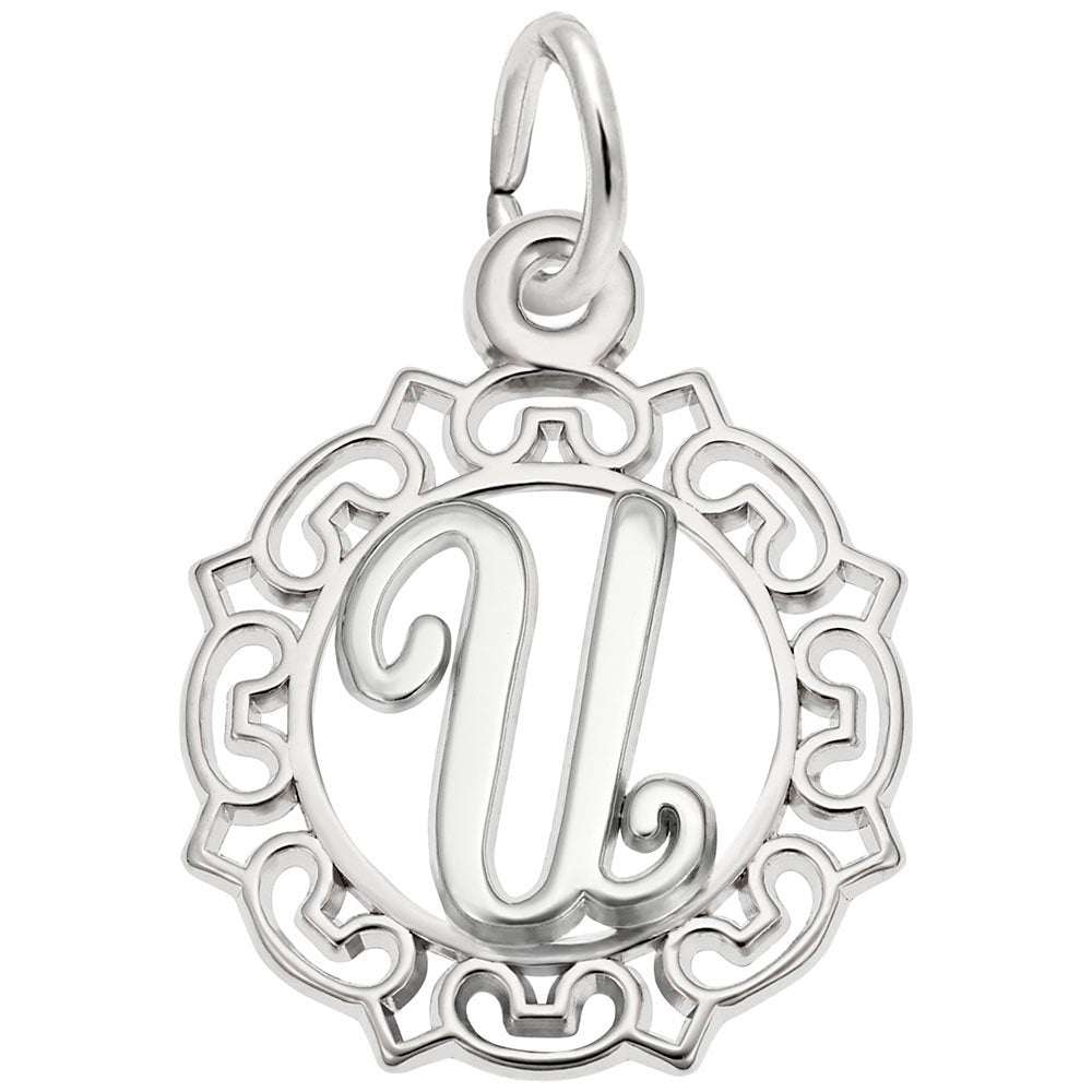 Silver U in an ornate boarder charm on a white background 