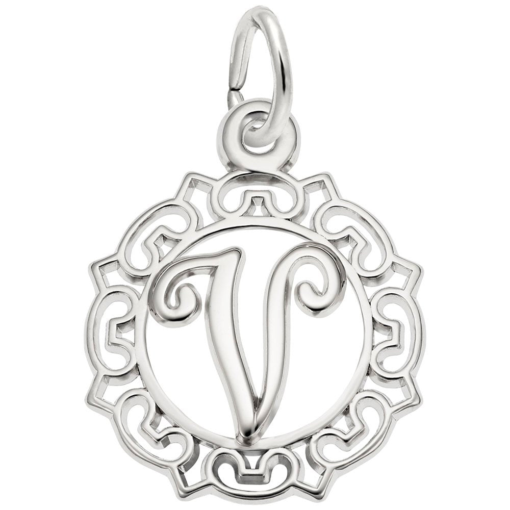Silver V in an ornate boarder charm on a white background 