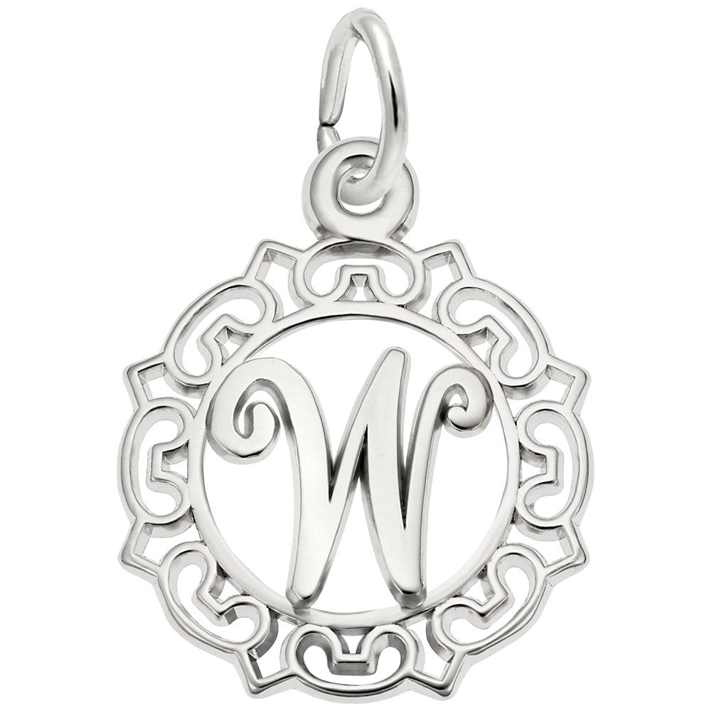 Silver W in an ornate boarder charm on a white background 