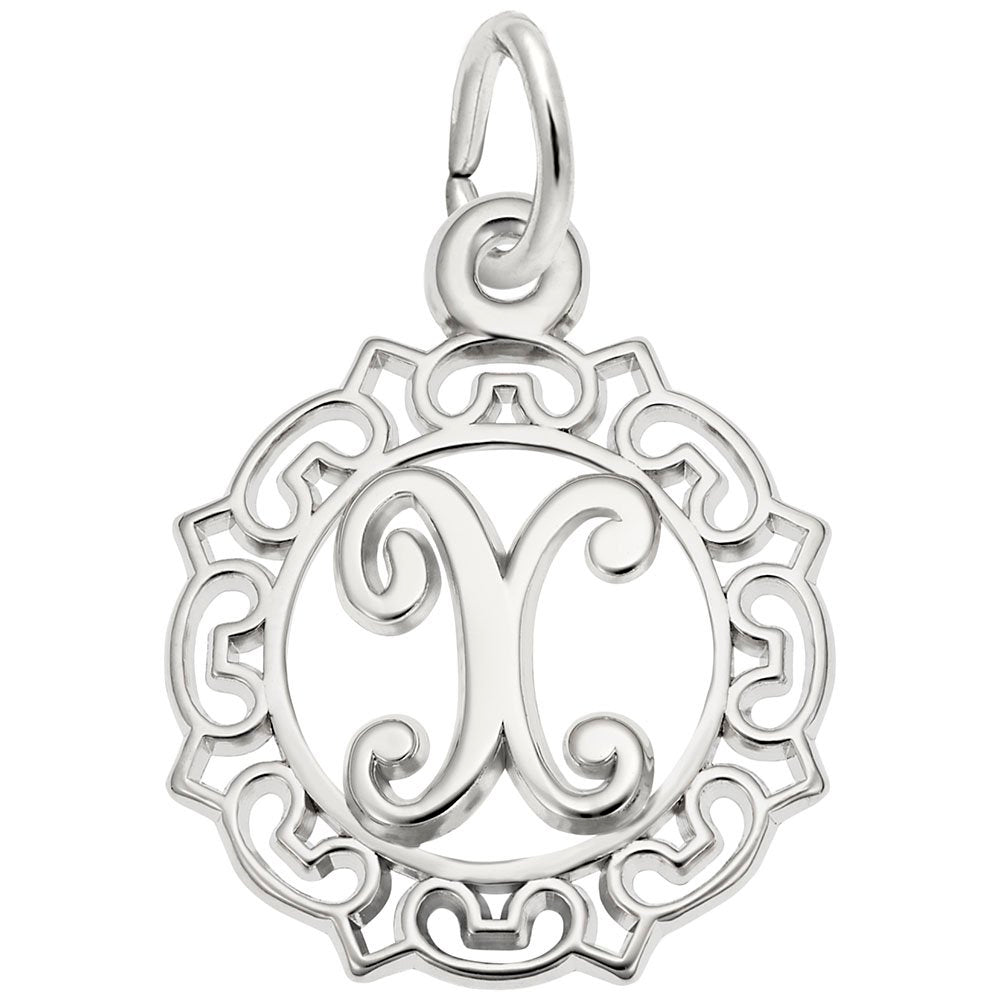Silver X in an ornate boarder charm on a white background 