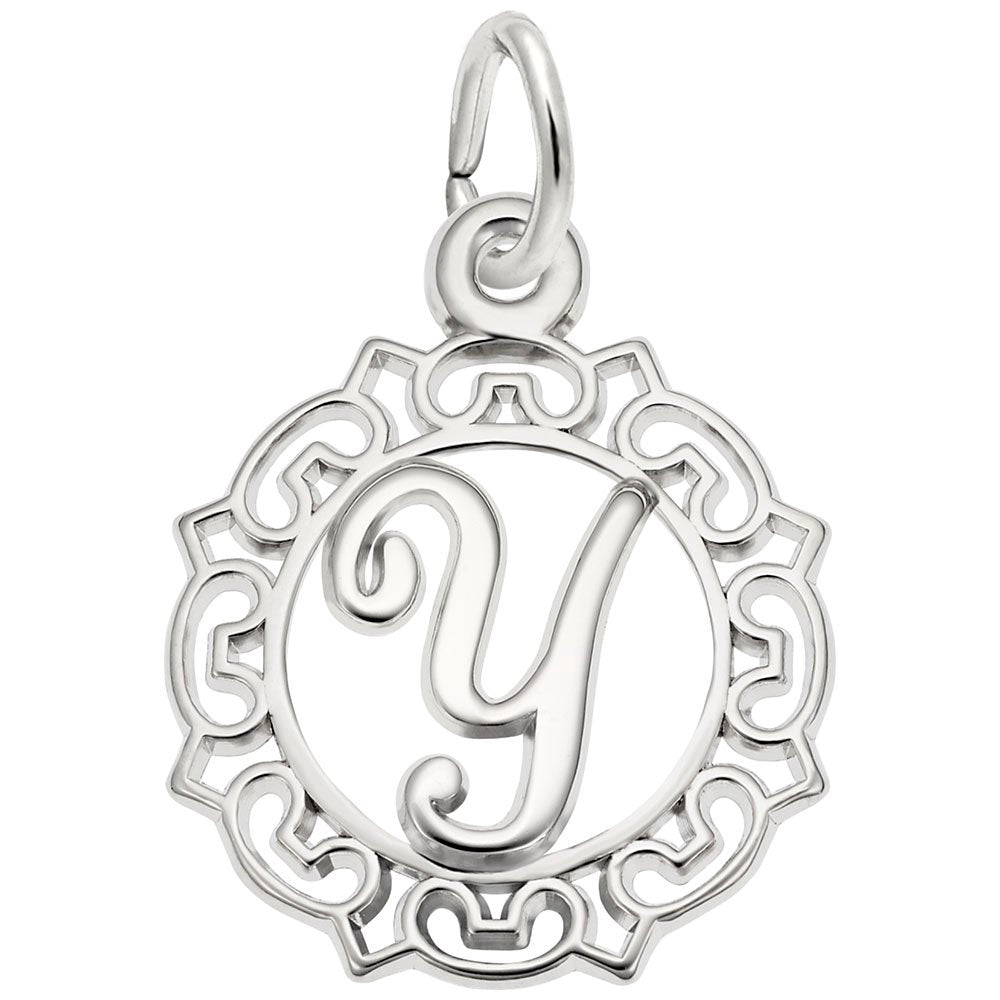 Silver Y in an ornate boarder charm on a white background 