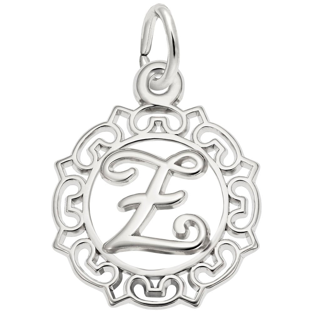 Silver Z in an ornate boarder charm on a white background 