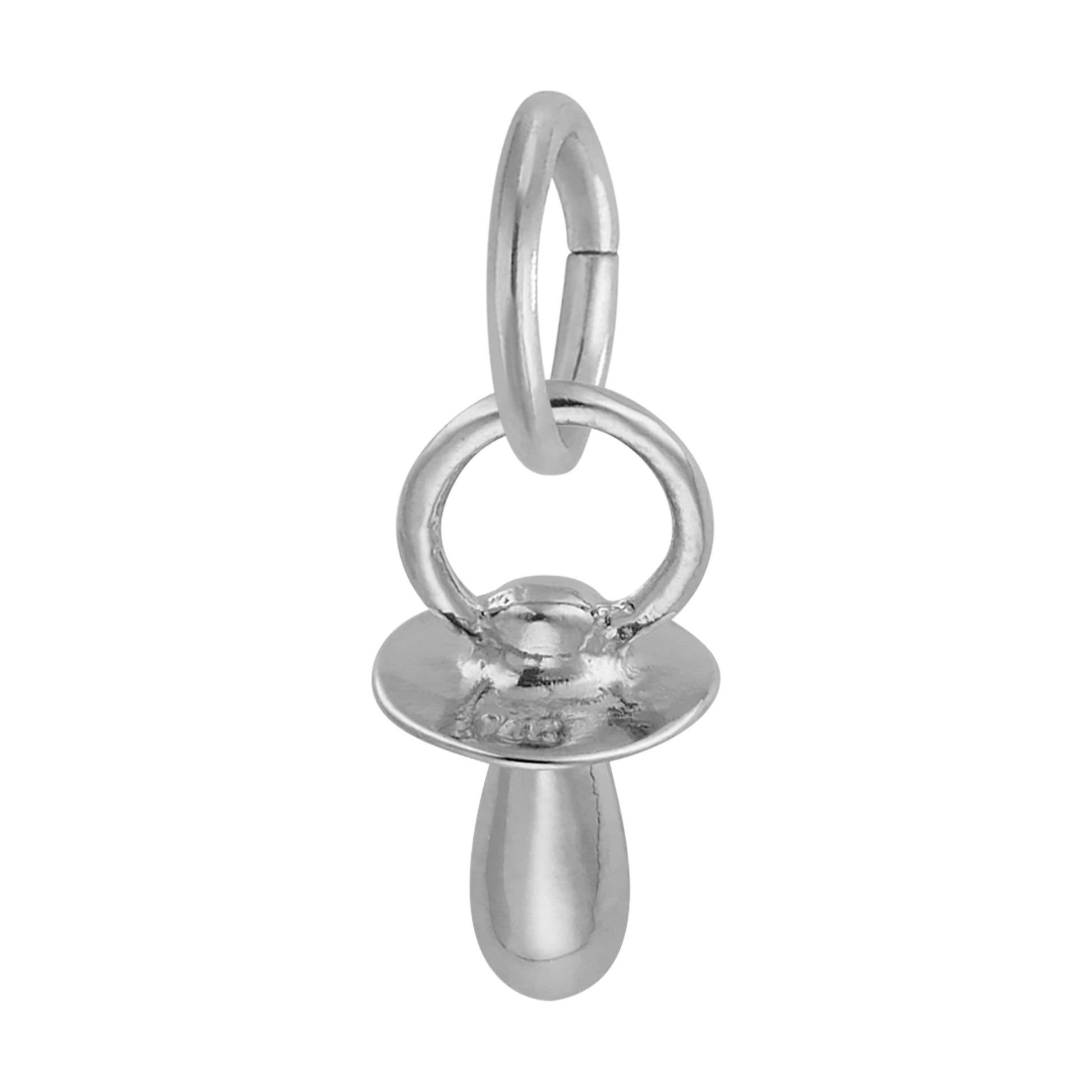 Silver baby pacifier charm on a white background