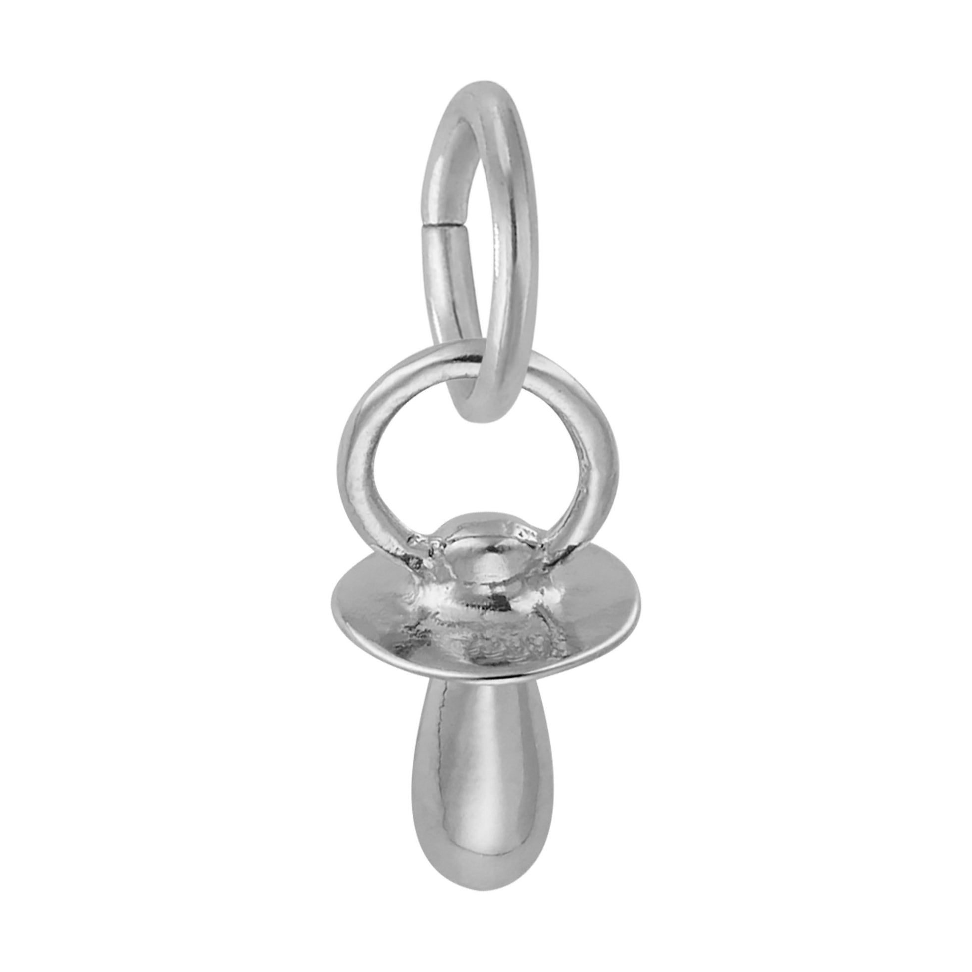 Silver baby pacifier charm on a white background