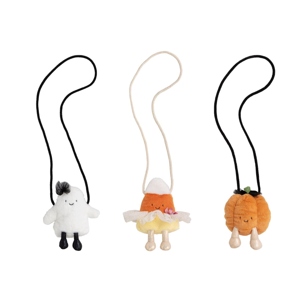 Three Halloween character bags in the theme of a Ghost, Candy Corn & Pumpkin on a white backround. 