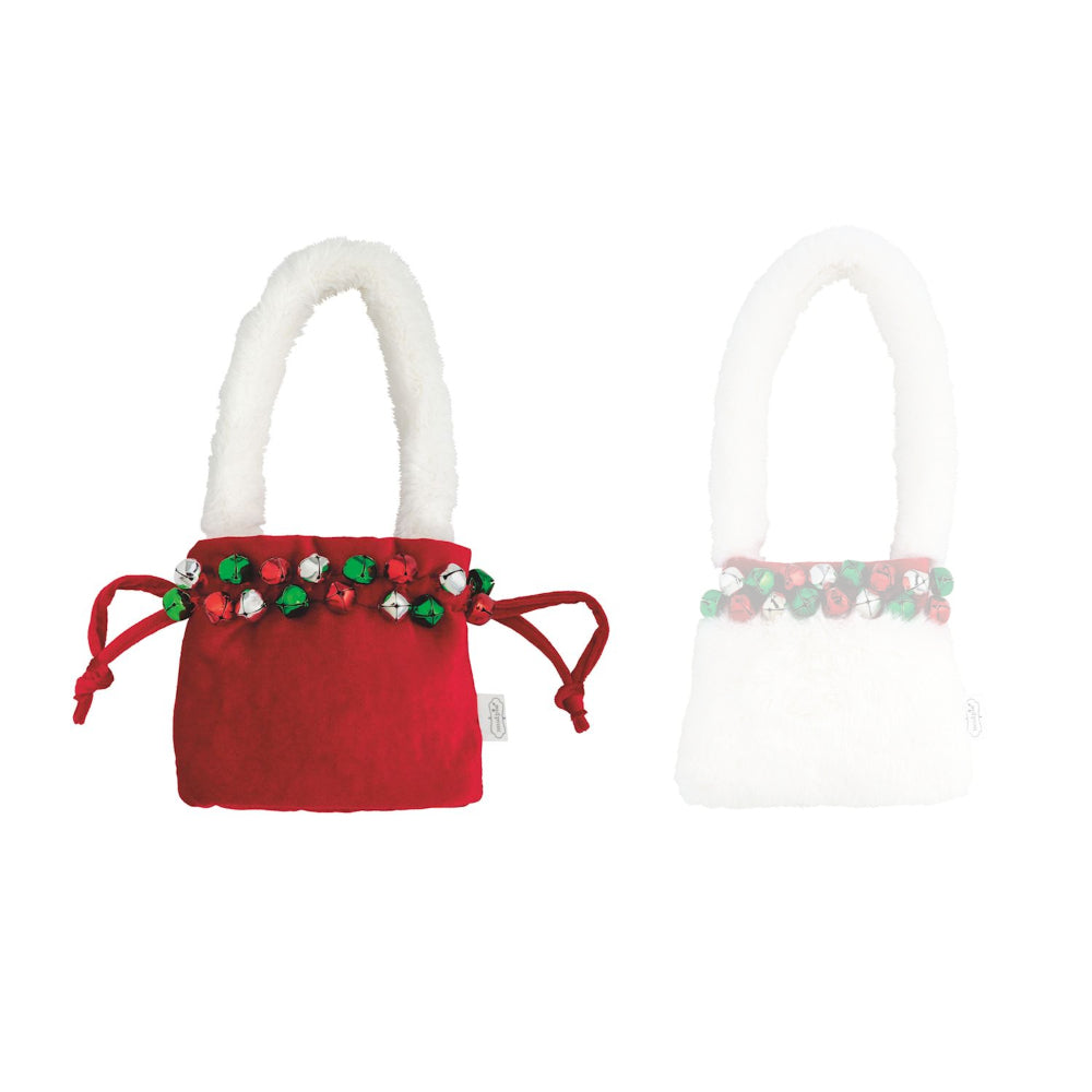 Red pouch purse with red,white & green jingle bells on a white background.