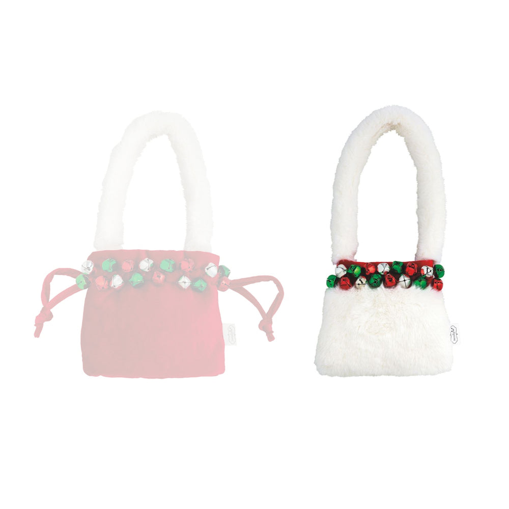 White & red pouch purse with red,white & green jingle bells on a white background.