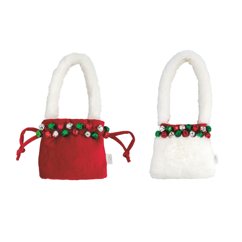 Two small pouch purses, one red and one white, with decorative green,silver & red jingle bells on a white background.