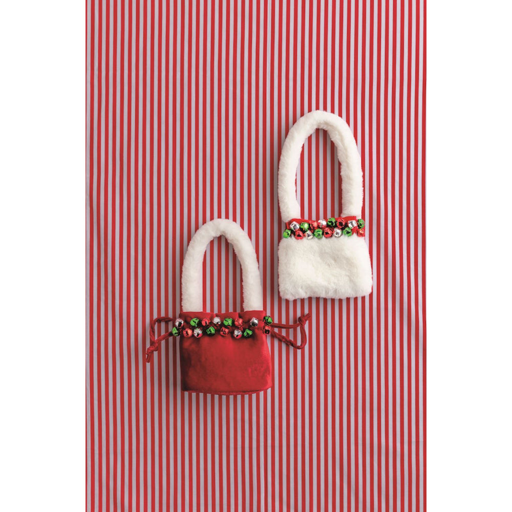Two small pouch purses, one red and one white, with decorative green,silver & red jingle bells on a white background. red and white striped background.