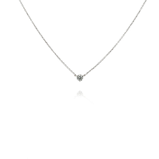 Estate 14 Karat White Gold Solitaire Diamond Stationary Pendant Cable Chain Necklace