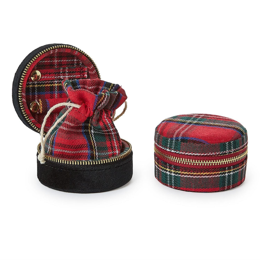 Black velvet jewelry box opened with a red plaid velvet interior and drawstring bag with gold zipper next to a closed red plaid jewelry box on a white background.