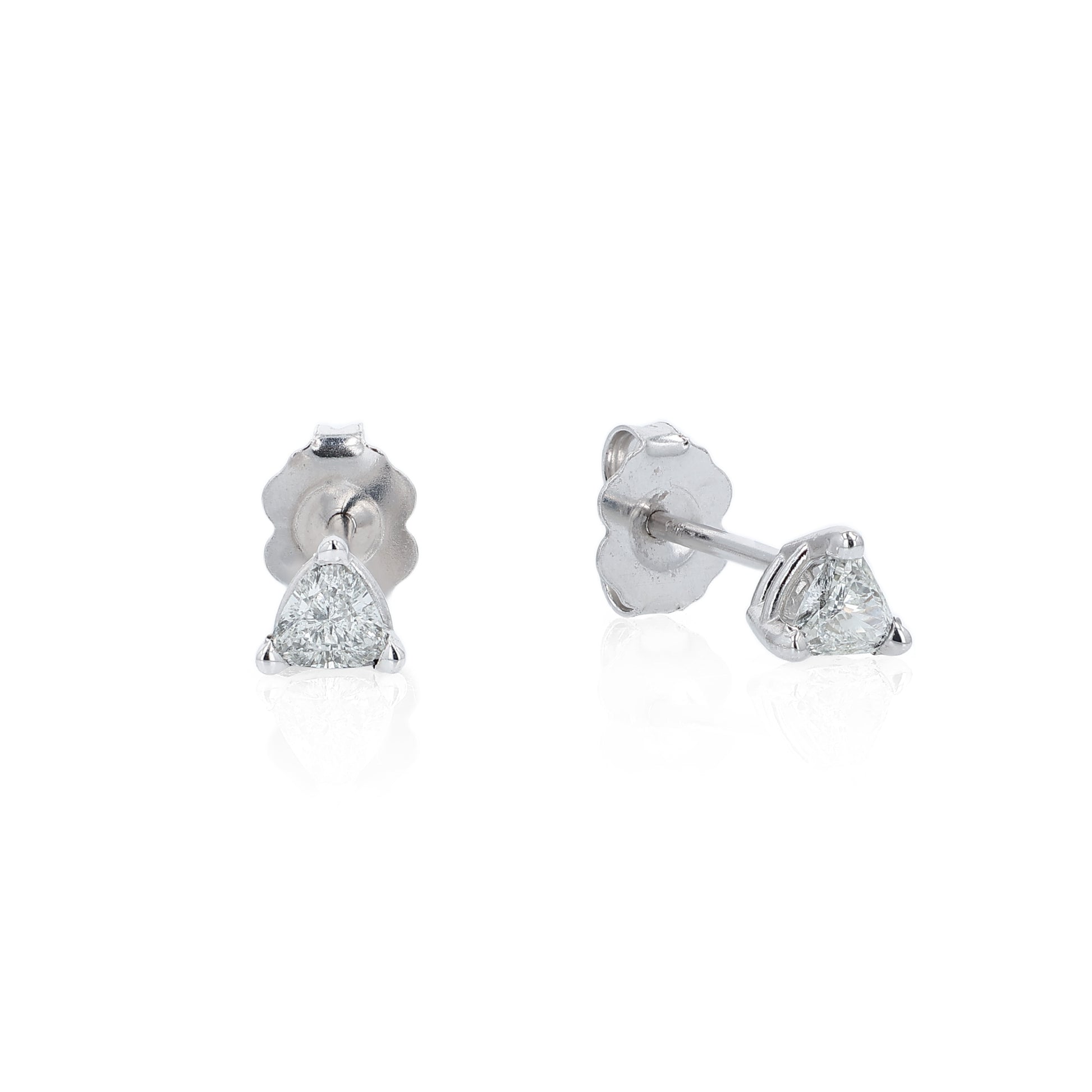 White gold trillion cut diamond stud earrings totaling 0.31 carats on a white background