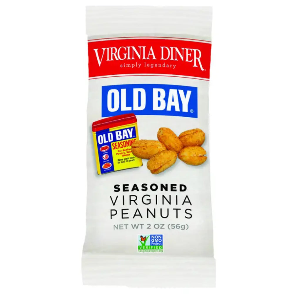 A 2 oz bag of Virginia Diner Old Bay Seasoned Virginia Peanuts on a plain white background.