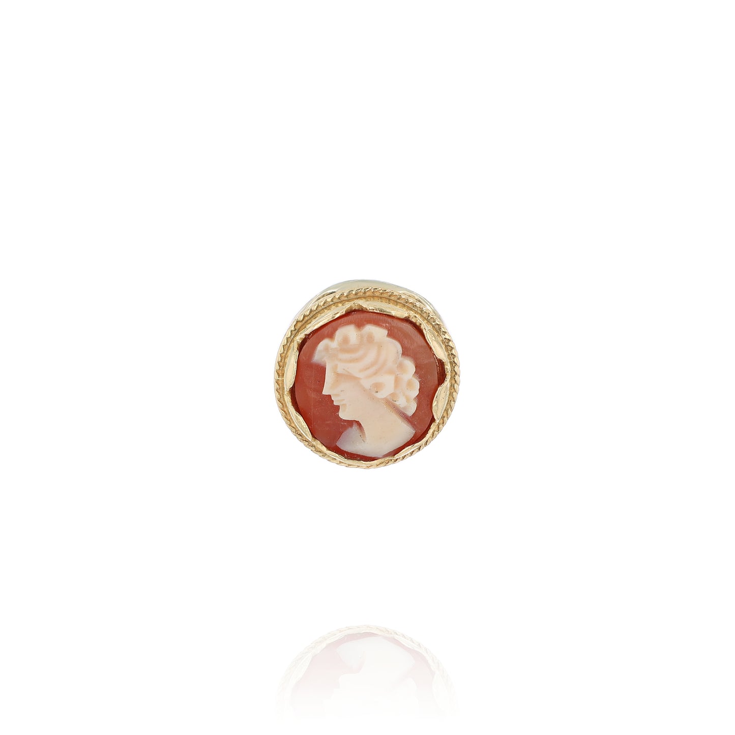 Yellow gold carved cameo slide pendant of a woman facing left on a white background