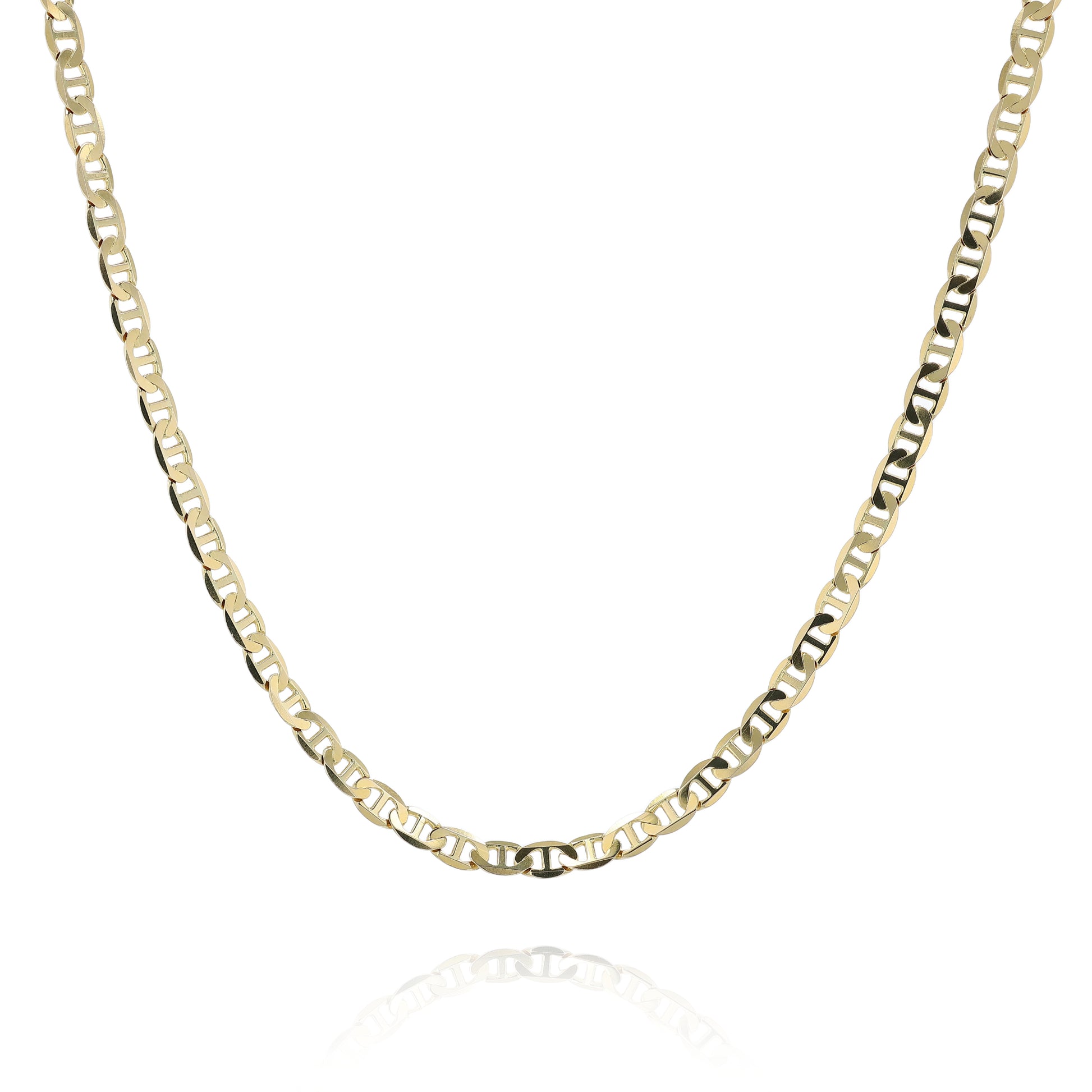 Yellow gold anchor link chain necklace on a white background