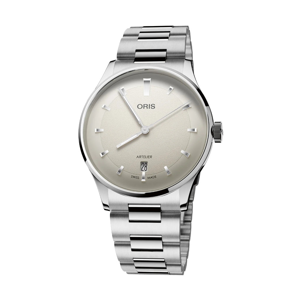 ORIS Affecteur watch with a silver stainless steel link bracelet, a silver case, and a champagne dial with a date window.