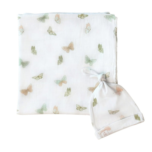 Dear Perli Bamboo Muslin Swaddle Blanket & Topknot Set - Gingham Butterflies