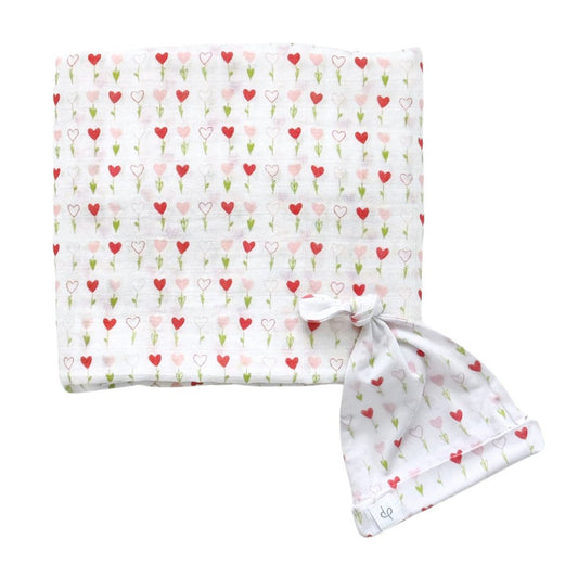 Dear Perli Bamboo Muslin Swaddle Blanket & Topknot Set - Growing Love