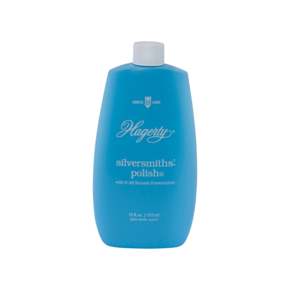 Blue bottle of Hagerty silversmiths' polish on a white background
