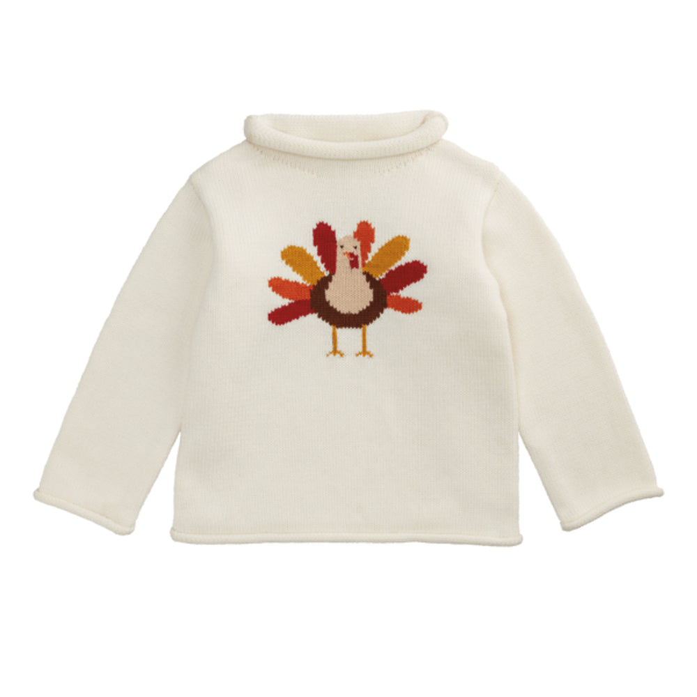 White sweater with a colorful turkey design on a white background.