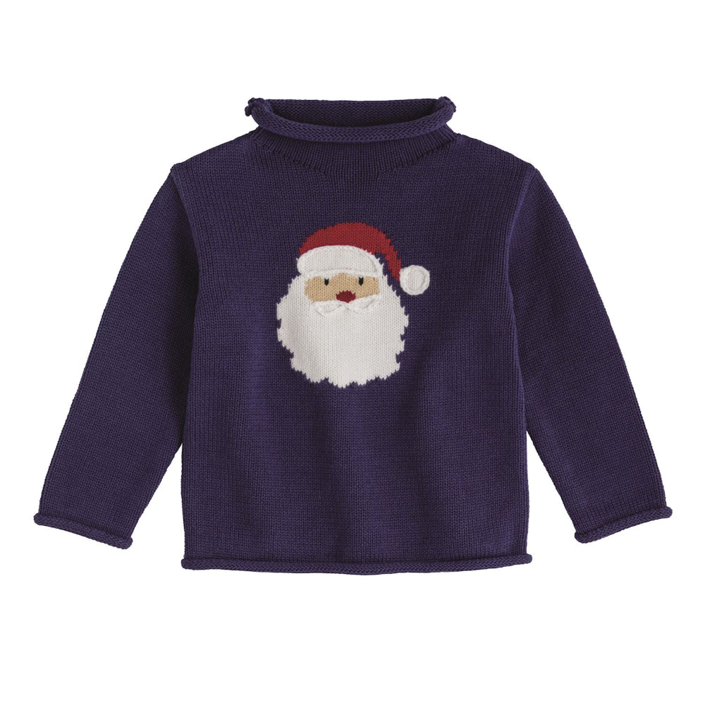 Navy blue sweater with a Santa Claus face design on a white background.