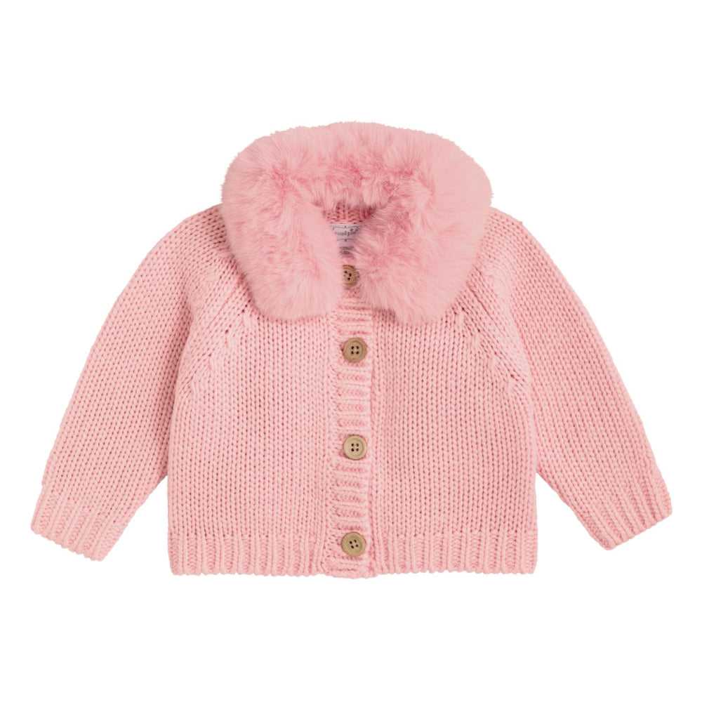 Pink knitted cardigan with fur collar on a white background.