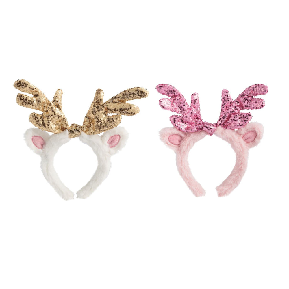 Two festive headbands with gold and pink antlers on a white background