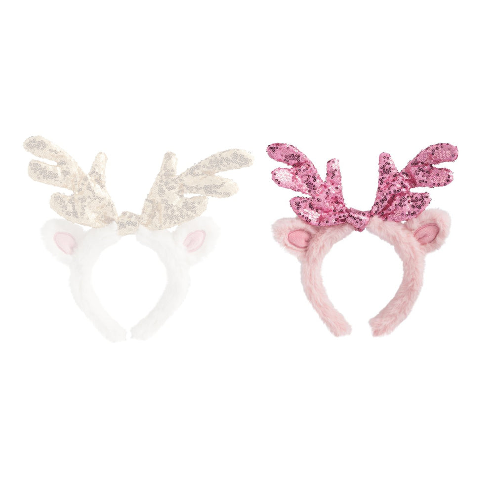 Pink deer headband with pink antlers and ears on a white background.