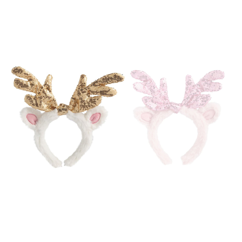 White deer headband with gold antlers and a white band with ears on a white background.