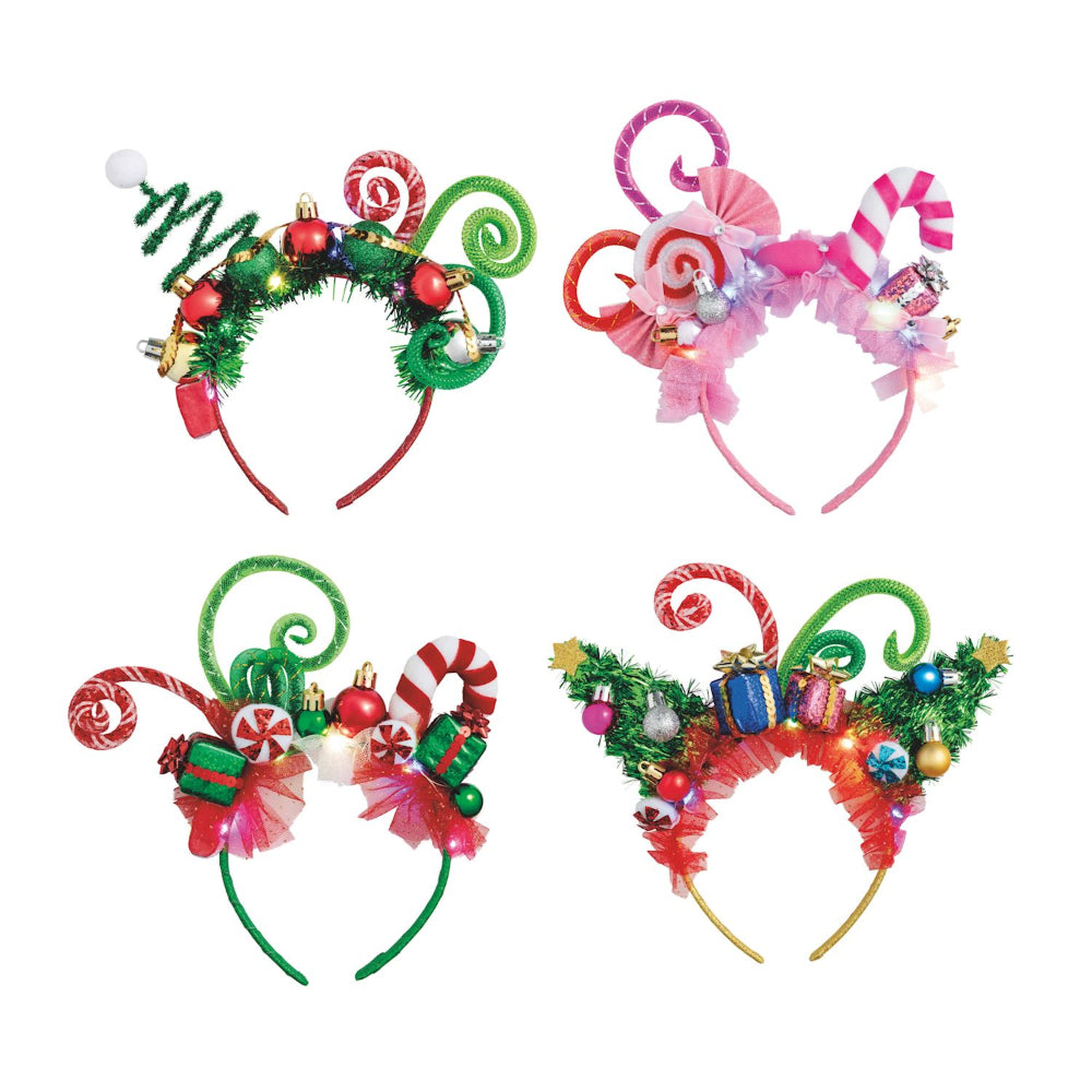 Four festive headbands with lights on a white background.