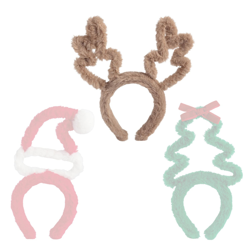 Brown festive reindeer headband with antlers on top on a white backround.