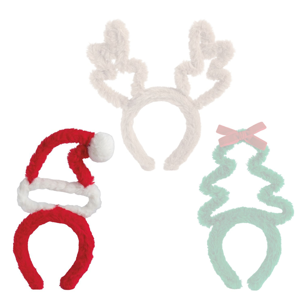 Red festive santa headband with red, white santa hat on a white background.