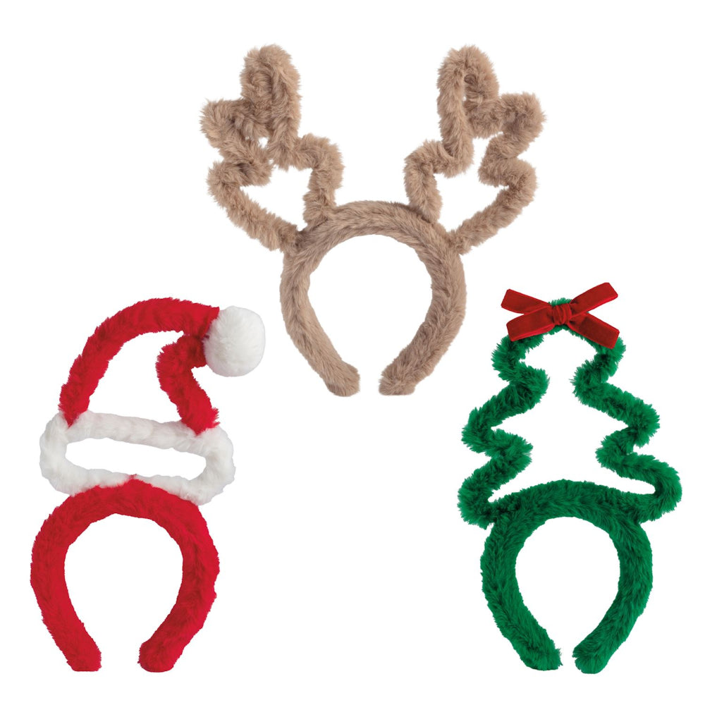 Four festive headbands in different designs on a white background