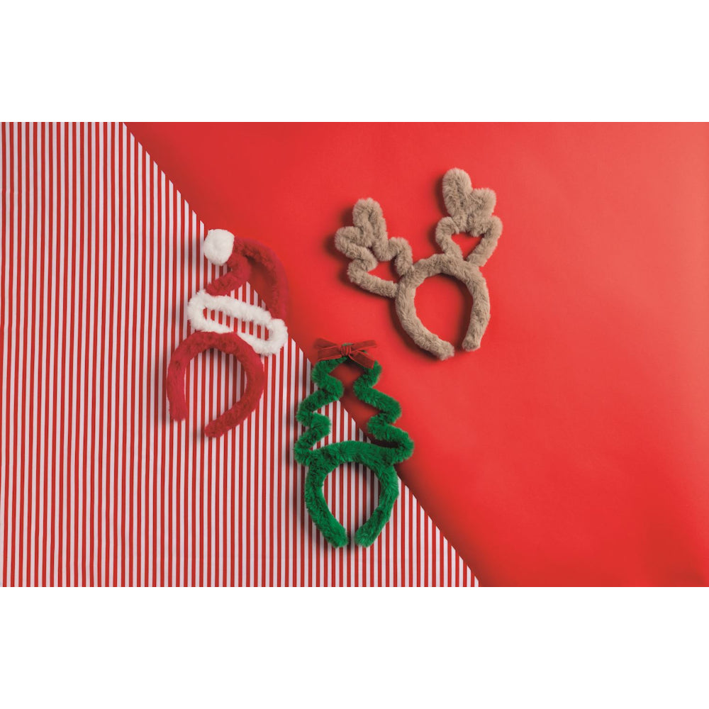 Three festive headbands on a red and white striped background.