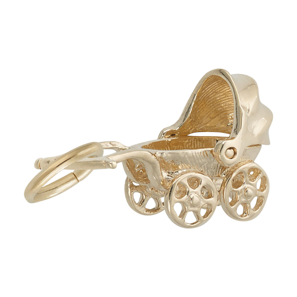 3/4 view of Gold baby carriage charm on a white background