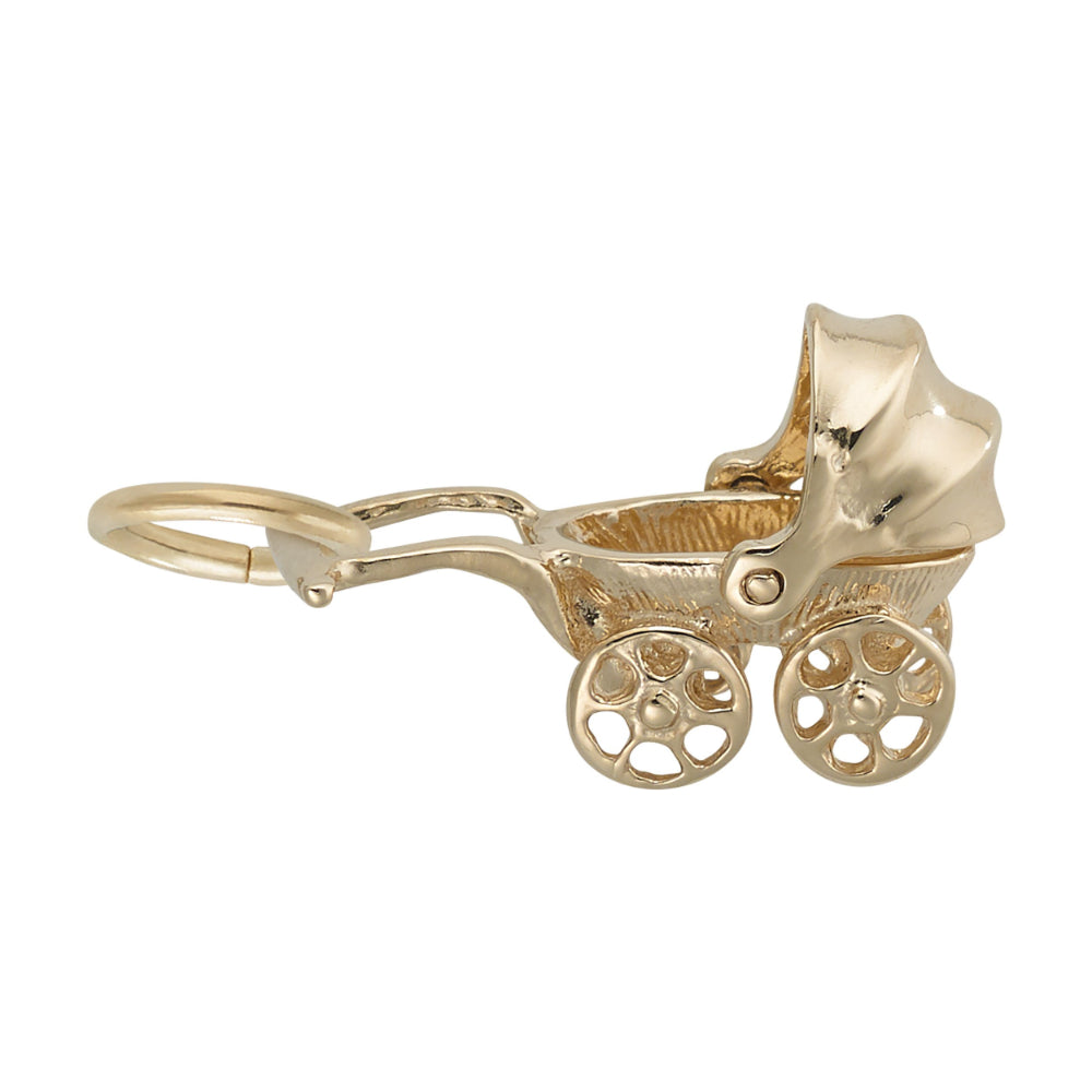 Gold baby carriage charm with canopy flipped around on a white background