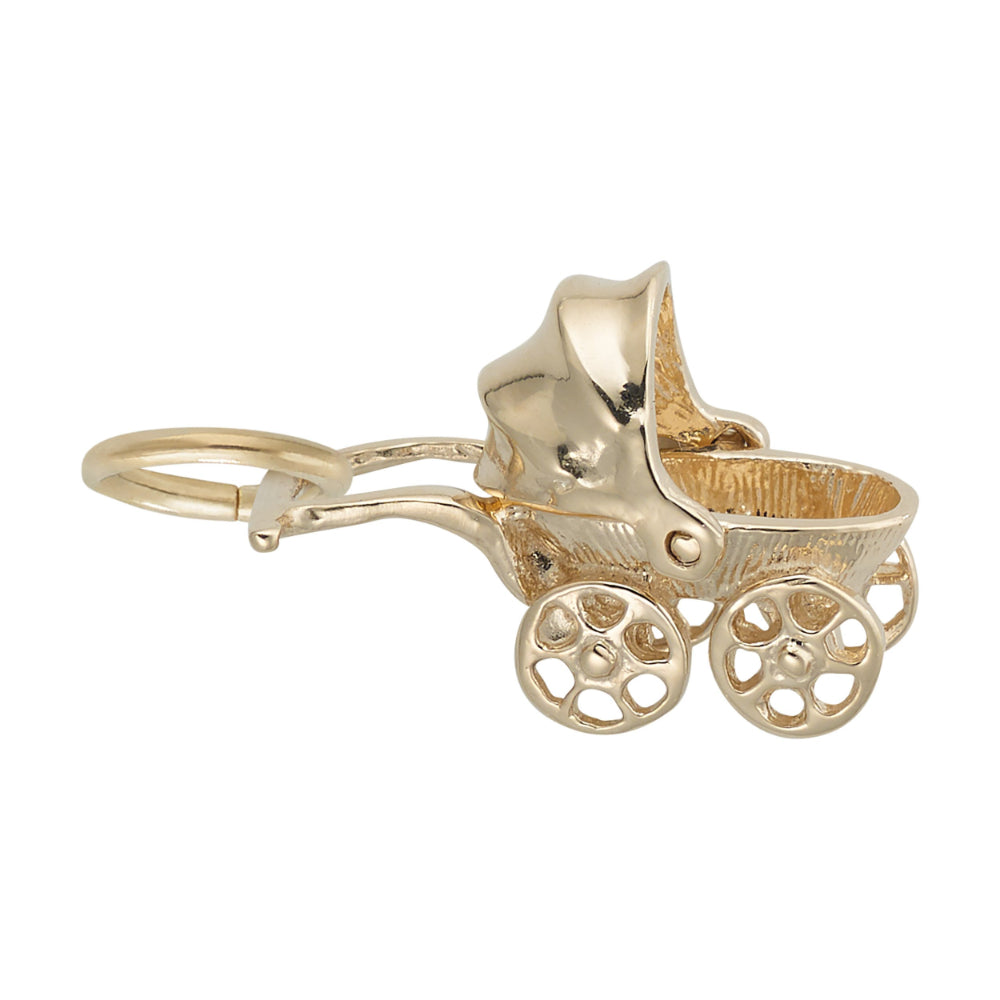 Gold baby carriage charm on a white background