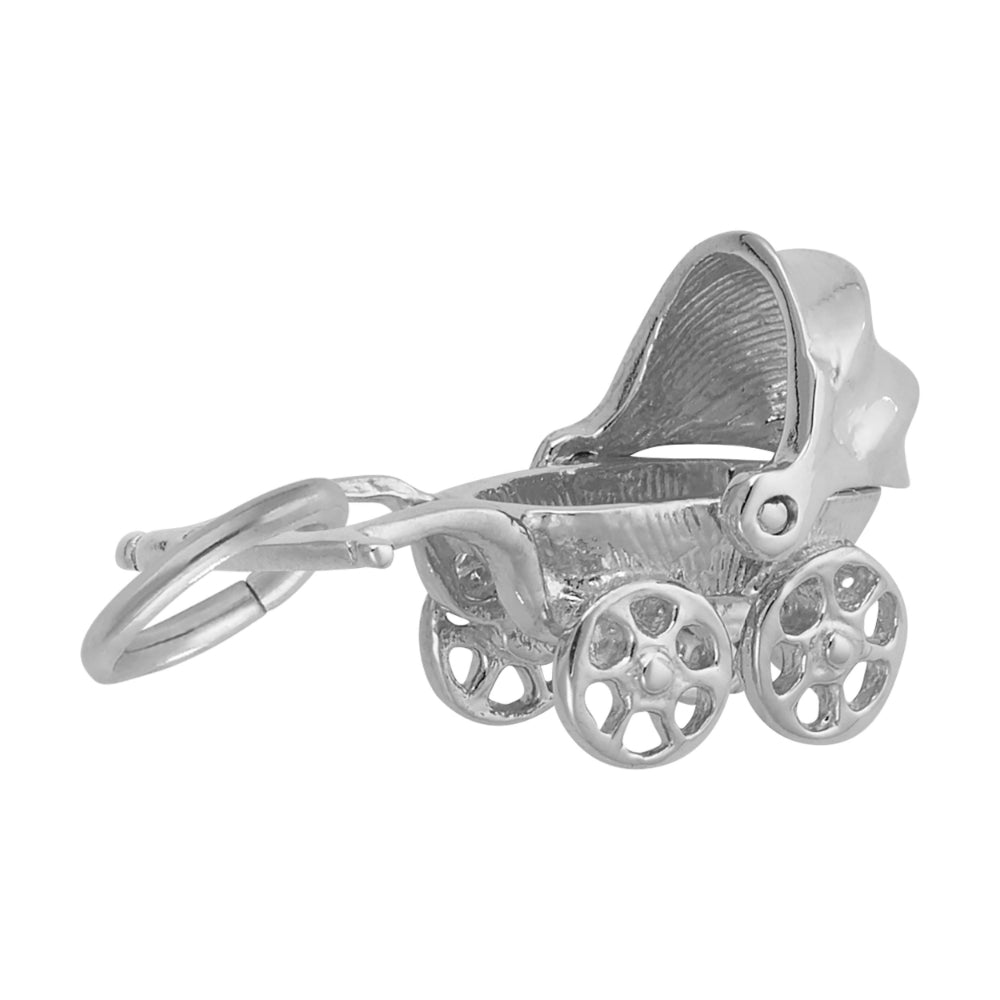 3/4 view of Silver baby carriage charm on a white background