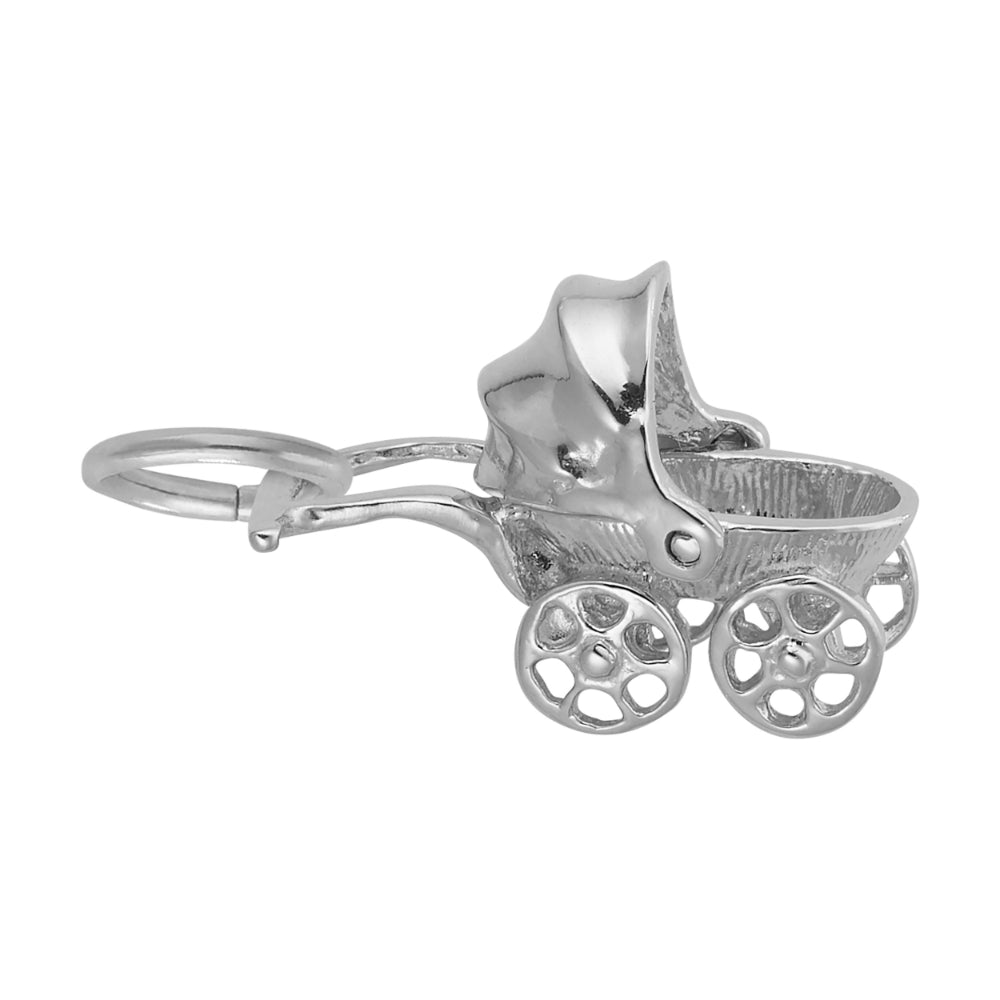 Silver baby carriage charm on a white background