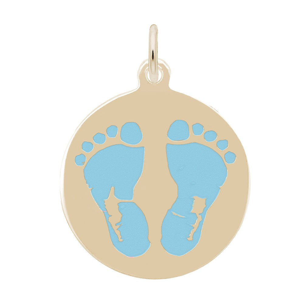 Gold pendant with blue baby footprints on a white background