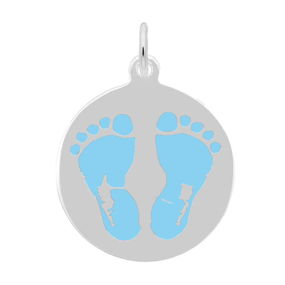 Silver pendant with blue footprints on a white background