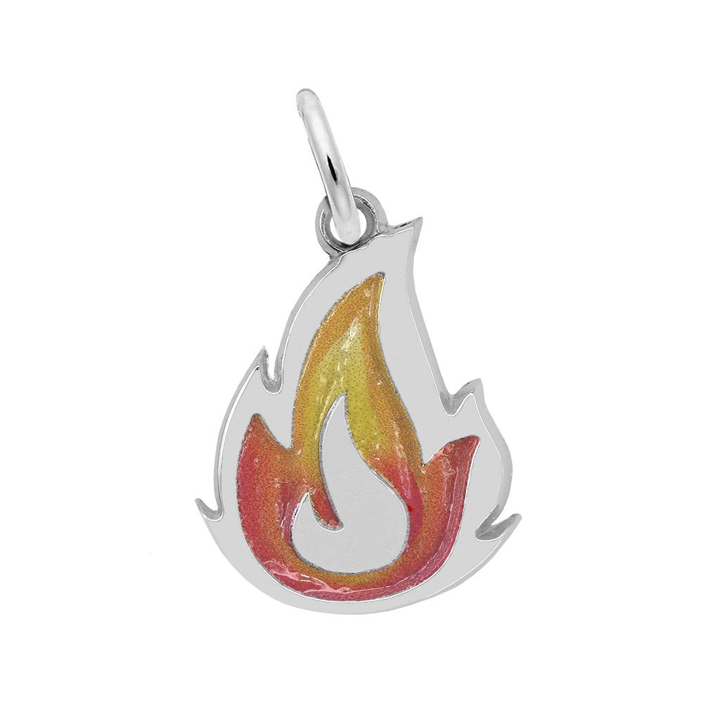 A silver flame shaped charm with red, orange, and yellow enamel detailing, shown on a plain white background.