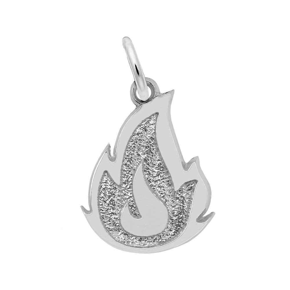 Silver flame shaped charm on a white background