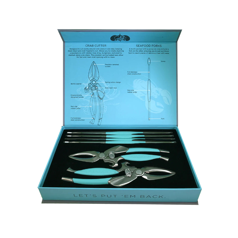 Set of crab cutters and seafood forks in a blue box with instructions on a white background.