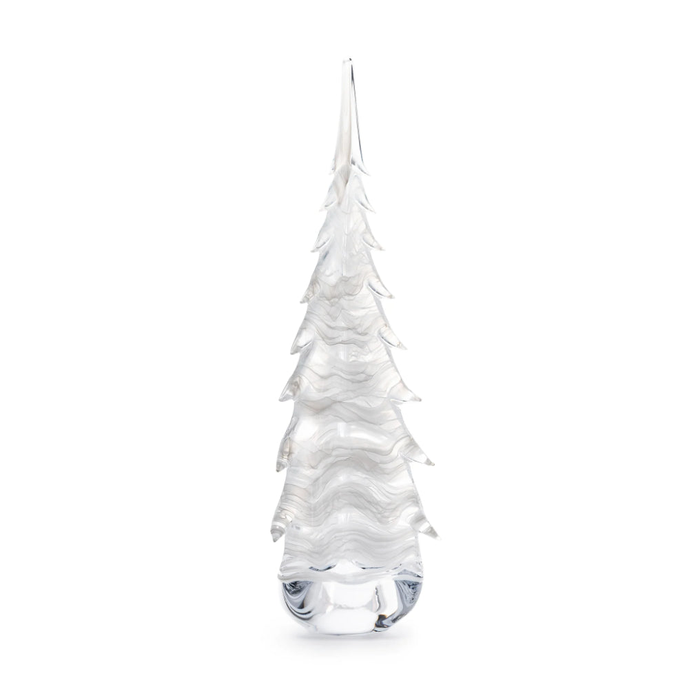 A handcrafted glass Snowdrift Evergreen tree with a textured and clear glass design, placed against a neutral background.
